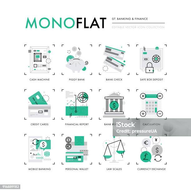 Finance Banking Monoflat Icons Stock Illustration - Download Image Now - Banking, Bank Deposit Slip, Bank - Financial Building