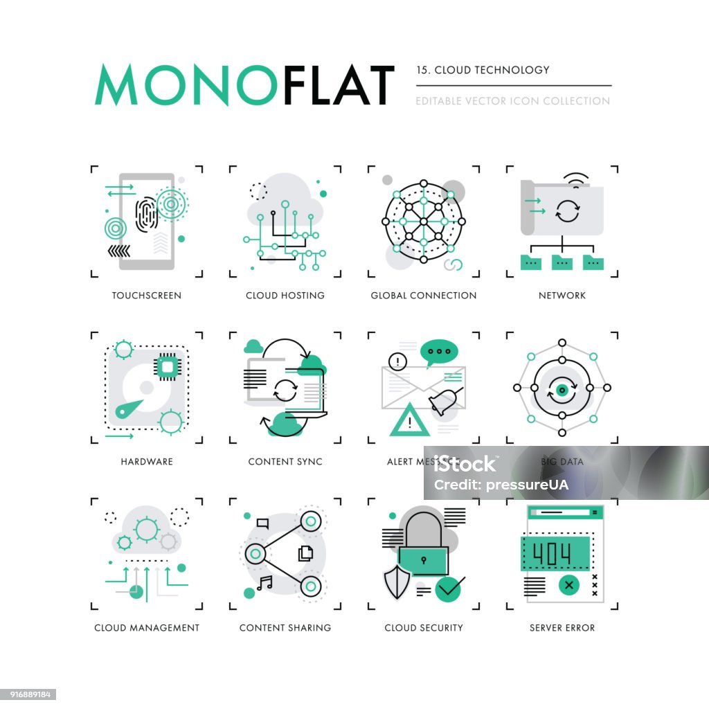 Cloud Technology Monoflat Icons Infographics icons collection of cloud platform services, cloud technology of computing network. Modern thin line icons set. Premium quality vector illustration concept. Flat design web graphics elements. Icon Symbol stock vector