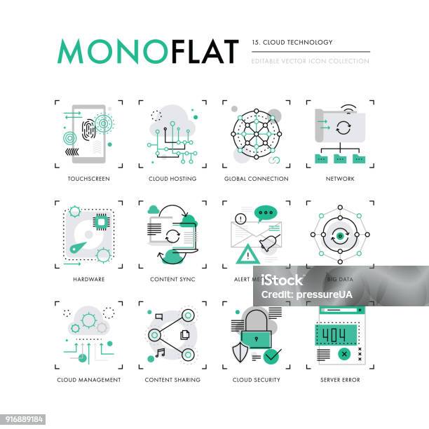 Cloud Technology Monoflat Icons Stock Illustration - Download Image Now - Icon Symbol, Data, Security