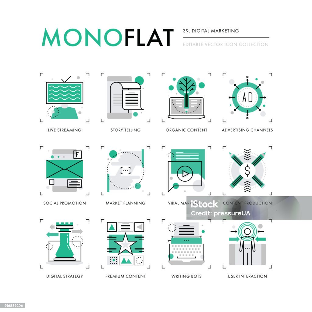 Digital Marketing Monoflat Icons Infographics icons collection of premium marketing content strategy, advertising channels,. Modern thin line icons set. Premium quality vector illustration concept. Flat design web graphics elements. Storytelling stock vector