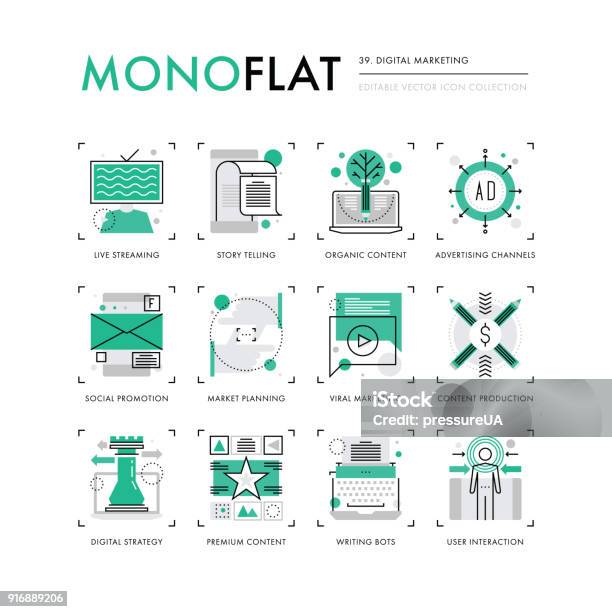 Digital Marketing Monoflat Icons Stock Illustration - Download Image Now - Storytelling, Digital Marketing, Building Story