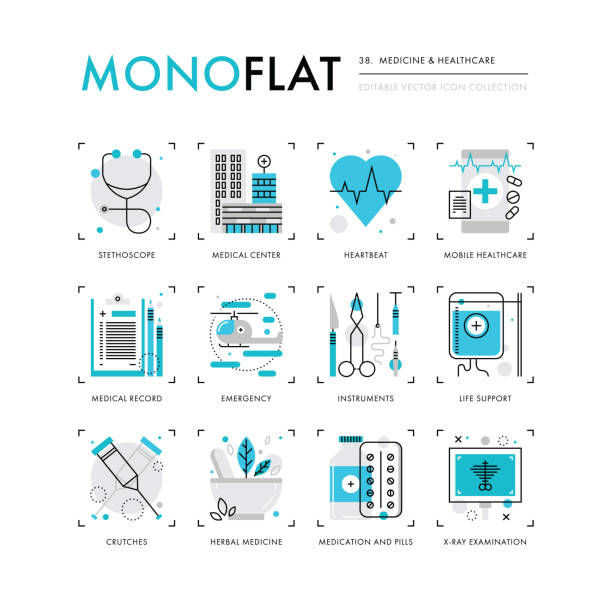 Medicine and Healthcare Monoflat Icons Infographics icons collection of medical center building, herbal medicine, surgical instruments. Modern thin line icons set. Premium quality vector illustration concept. Flat design web graphics elements. helicopter modern stock illustrations