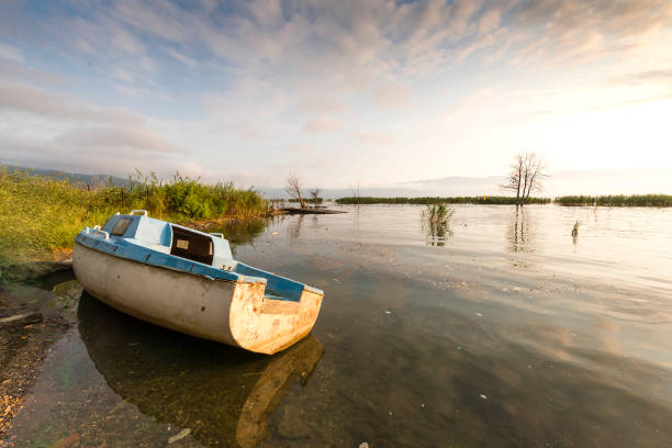 Abandoned boat on the lake in morning sunlight