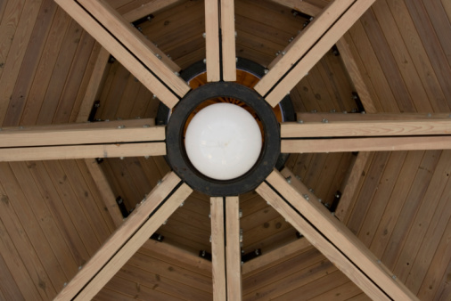 Looking up to a classical style lamp on retro styled ceiling