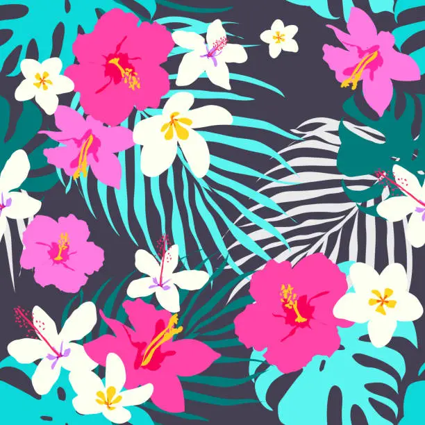 Vector illustration of Vector seamless tropical pattern, vivid tropic foliage, with monstera leaf, palm leaves, plumeria flowers, hibiscus in bloom. Modern bright summer digital flat print design