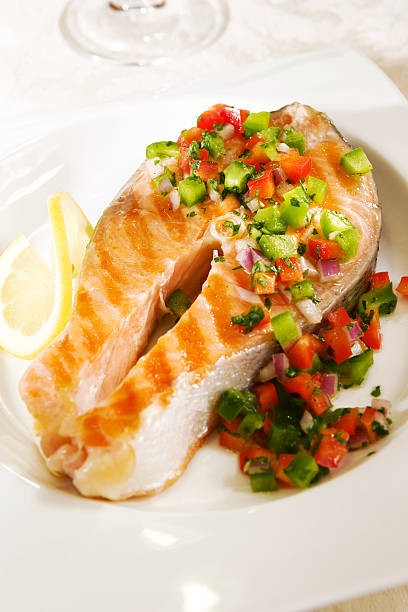 istock Salmon with pepper salsa 91690042