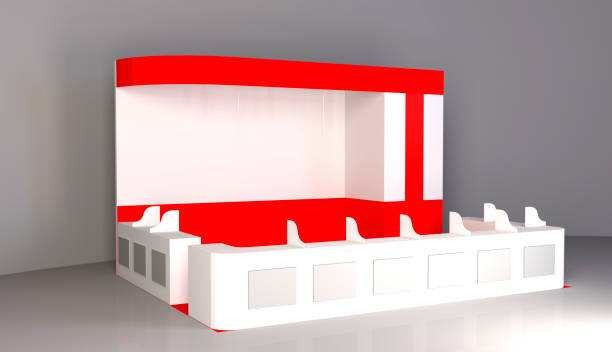 istock Exhibition red stand, 3D rendering visualization of exhibition equipment, Advertising space on a white background 916903770