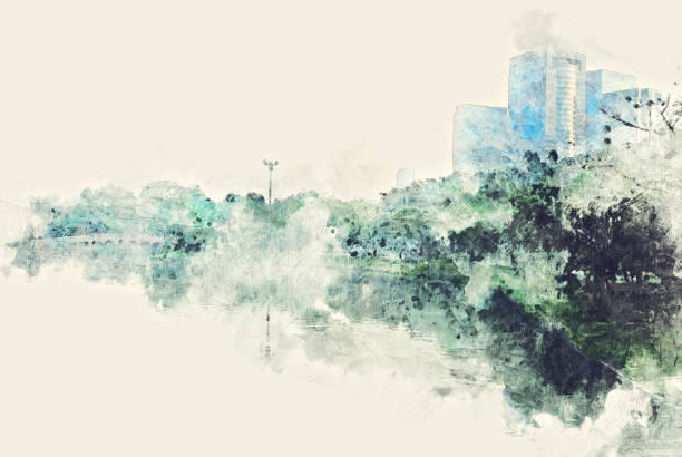 istock Abstract Colorful tree and landscape tree on watercolor painting background. 916903906