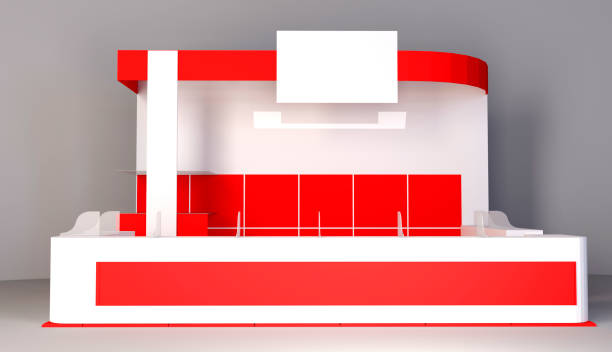 istock Exhibition red stand, 3D rendering visualization of exhibition equipment, Advertising space on a white background 916904090