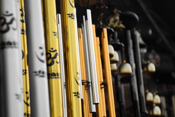 Wind chimes hanging in a roadside shop
