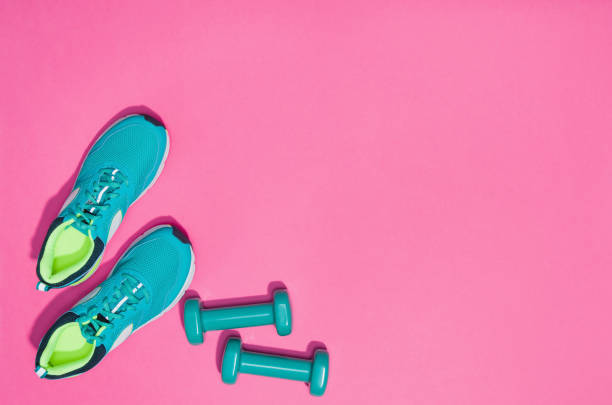 istock Fitness accessories on seamless background mock up, top view 916907202