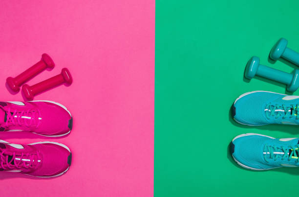 Fitness accessories on seamless background mock up, top view