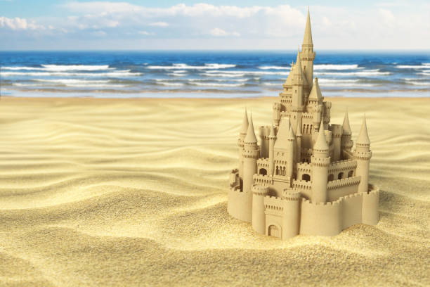 Sand castle on the beach on the sea and sky background. 3d illustration
