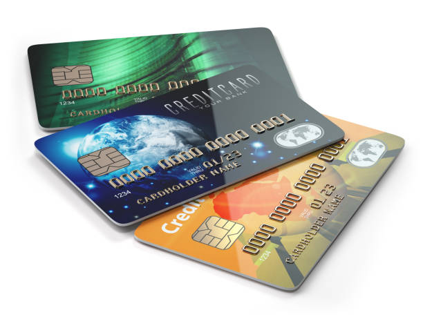 istock Three colored credit cards isolated on white background, 916917910