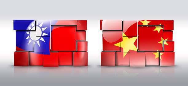 Taiwan and China wall with taiwanese flag as puzzle isolated on white