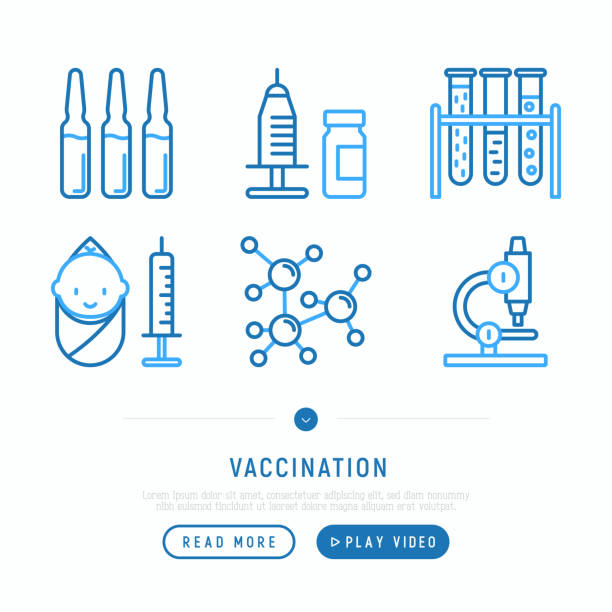 예방 접종 선 아이콘 세트: 주사기, 앰 풀, 유리병, 현미경, 바이러스, 아기 백신. 벡터 일러스트 레이 션, 웹 페이지 서식 파일 - 앰풀 stock illustrations