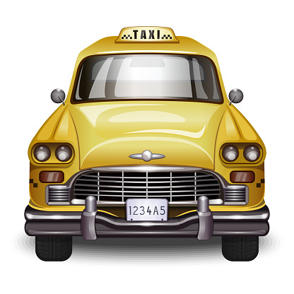 Retro taxi. Vintage yellow car with black taxi sign. Realistic vector illustration isolated on white background