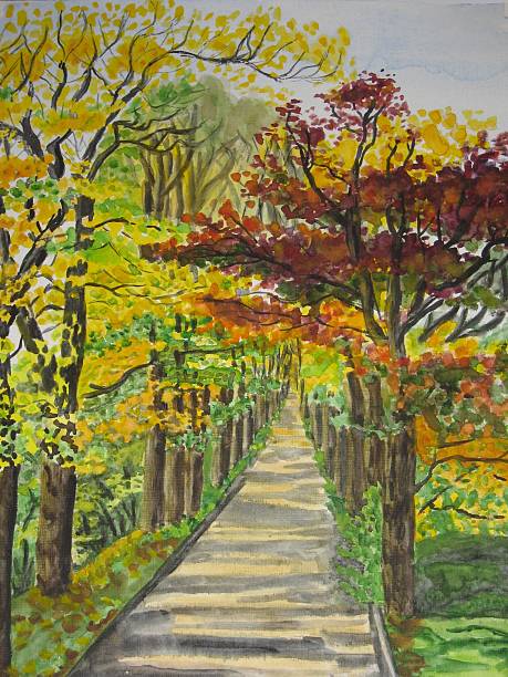 istock Autumn alley. Watercolour painting. 91692979