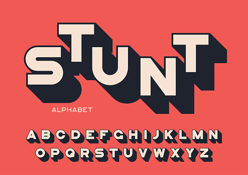 Styled sans serif bold letters with long shadow. Vector alphabet, typeface, font, typography. Global swatches.