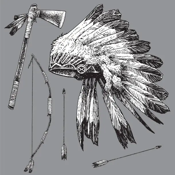 Vector illustration of Isolated Native American Ethnicity Headdress, Bow and Arrow, Tomahawk