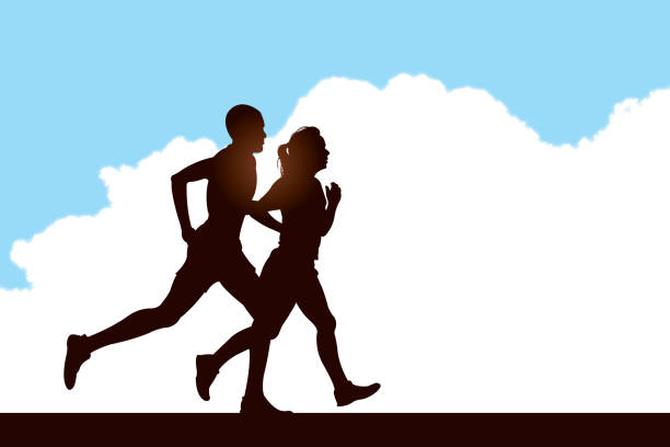 ilustrações, clipart, desenhos animados e ícones de interracial casal jogging fundo - off track running illustrations