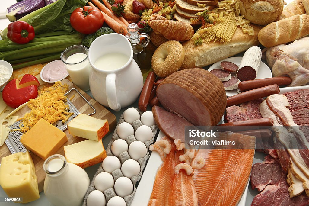 Large group of foods Background of various foods  Beef Stock Photo