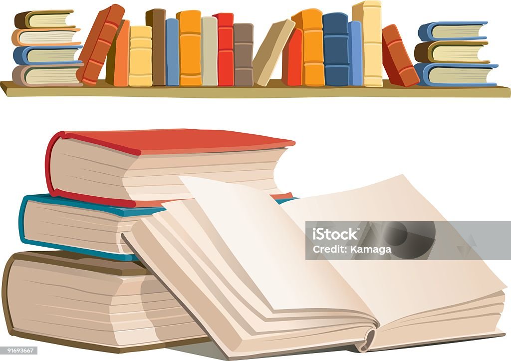 A pile of books with one open and a shelf of books behind Collection of colorful books on white background. Book stock vector