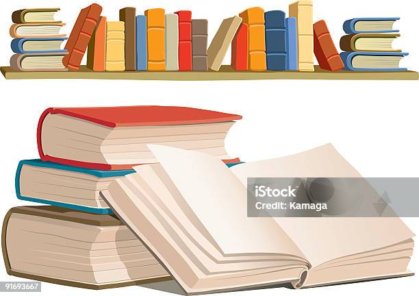 A Pile Of Books With One Open And A Shelf Of Books Behind Stock Illustration - Download Image Now