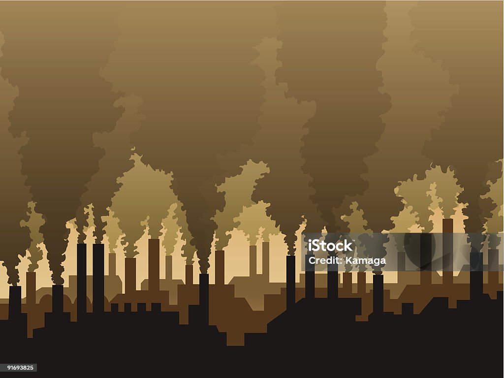 Air pollution Industrial scenery with a silhouette of a factory and smoking chimneys. Factory stock vector