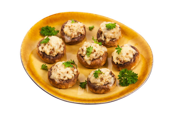 funghi ripieni - edible mushroom stuffed portabello mushroom vegetarian food foto e immagini stock