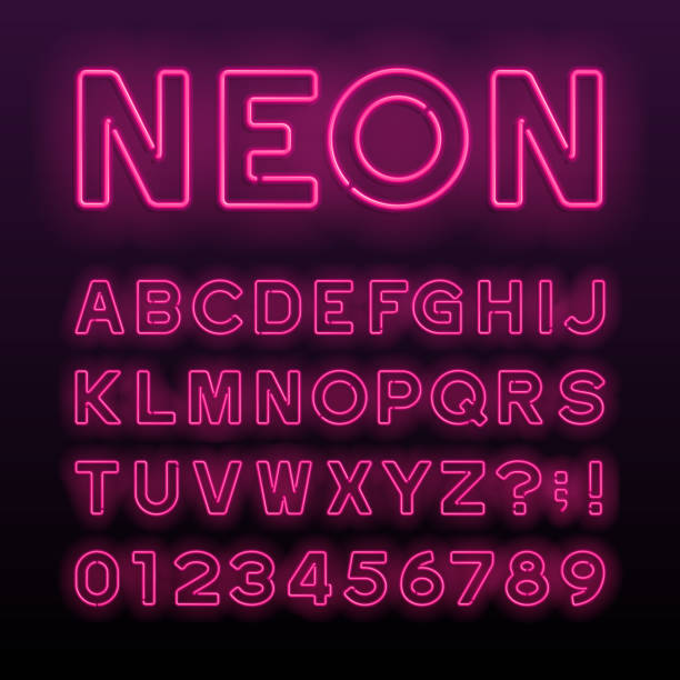 Purple neon tube alphabet font. Neon color letters. Purple neon tube alphabet font. Neon color letters, numbers and symbols. Stock vector typeface for any typography design. text stock illustrations