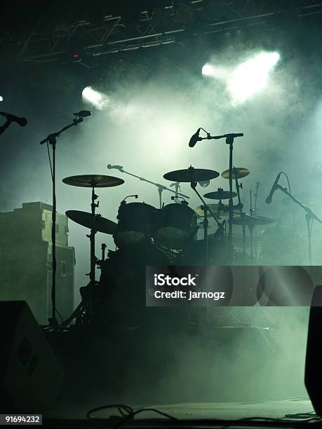 Empty Stage With Instruments Ready For Performance Stock Photo - Download Image Now - Back Lit, Black Color, Color Image