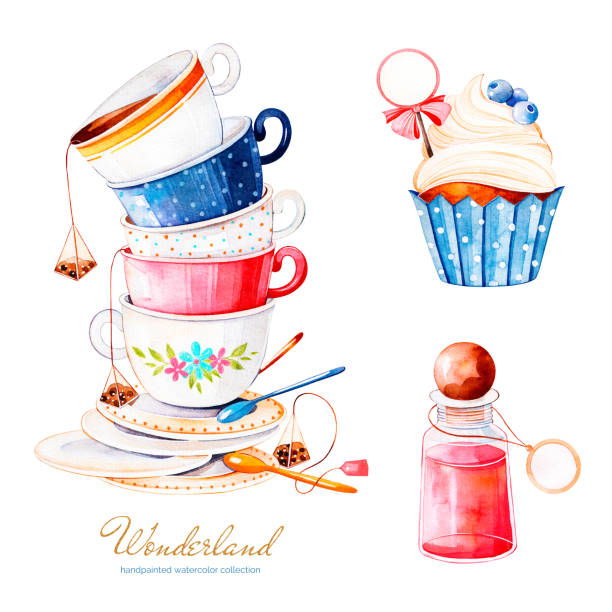 ilustrações, clipart, desenhos animados e ícones de aquarela mágica com bolinho e garrafa com rótulo para o seu texto, multicolor xícaras de chá - tea party illustrations