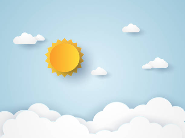 ilustraciones, imágenes clip art, dibujos animados e iconos de stock de cielo cloudscape, azul con nubes y sol, estilo del arte de papel - sunny day