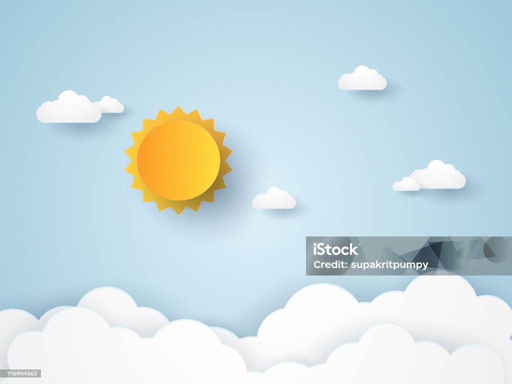 Cloudscape Blue Sky With Clouds And Sun Paper Art Style Stock Illustration  - Download Image Now - iStock