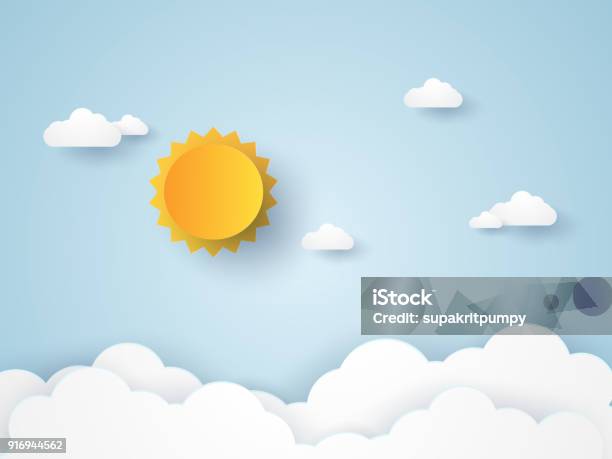 Cloudscape Blue Sky With Clouds And Sun Paper Art Style Stock Illustration - Download Image Now