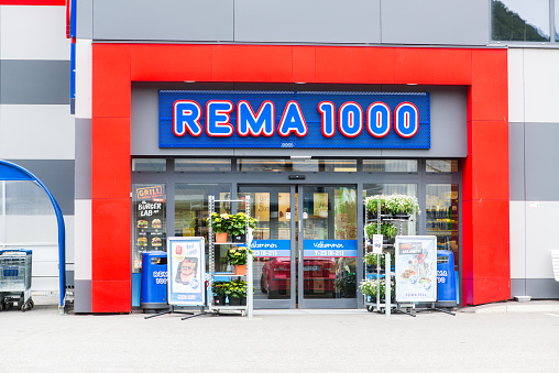 ANDALSNES, NORWAY - CIRCA JUNE 2016: Rema 1000 supermarket in Andalsnes, Norway. Rema 1000 is part of Reitan Group, retail and real estate with 3,852 stores in Europe.