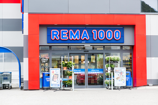 ANDALSNES, NORWAY - CIRCA JUNE 2016: Rema 1000 supermarket in Andalsnes, Norway. Rema 1000 is part of Reitan Group, retail and real estate with 3,852 stores in Europe.
