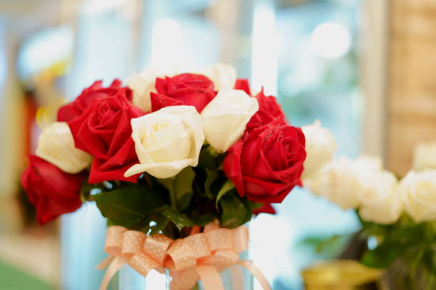 Red Rose and white rose in bokeh background