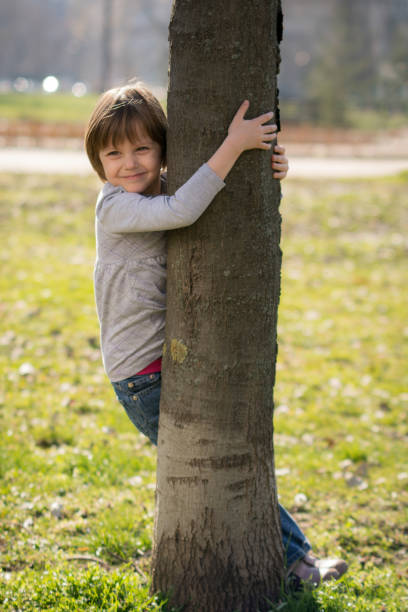 istock Beautiful little girl smiling hugging a tree trunk 916948670