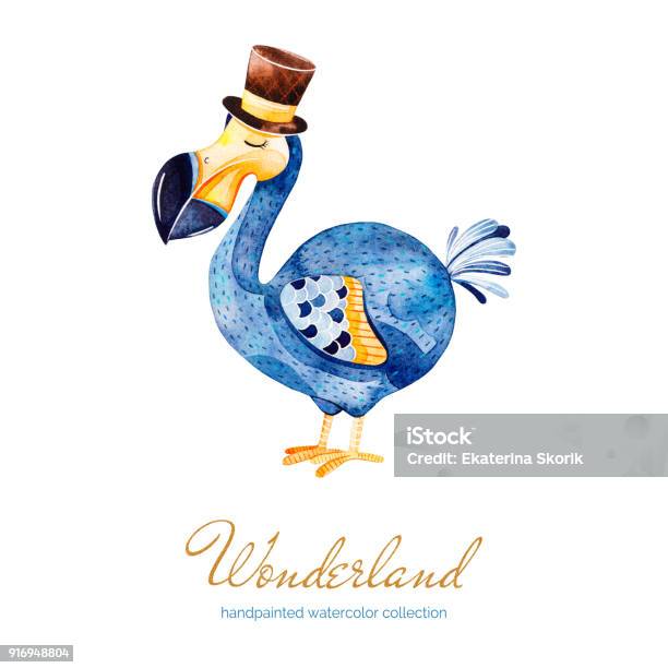 Lovely Watercolor Illustration With Cute Dodo Bird With Cylinder Hat Stock Illustration - Download Image Now