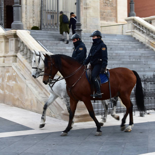 Police force in Madrid Madrid, Spain - February 1, 2018: Young people policewoman and policeman with black winter uniforms patrolling on horseback in the city centre of Madrid police policewoman women spain stock pictures, royalty-free photos & images