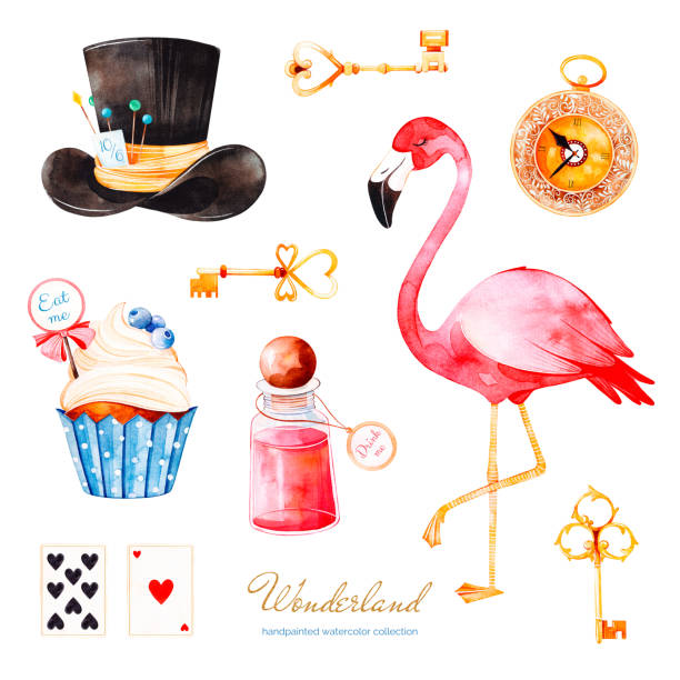 bildbanksillustrationer, clip art samt tecknat material och ikoner med magiska akvarell med cupcake och flaska med etikett med text, spelkort, flamingo och hatt - alice in wonderland