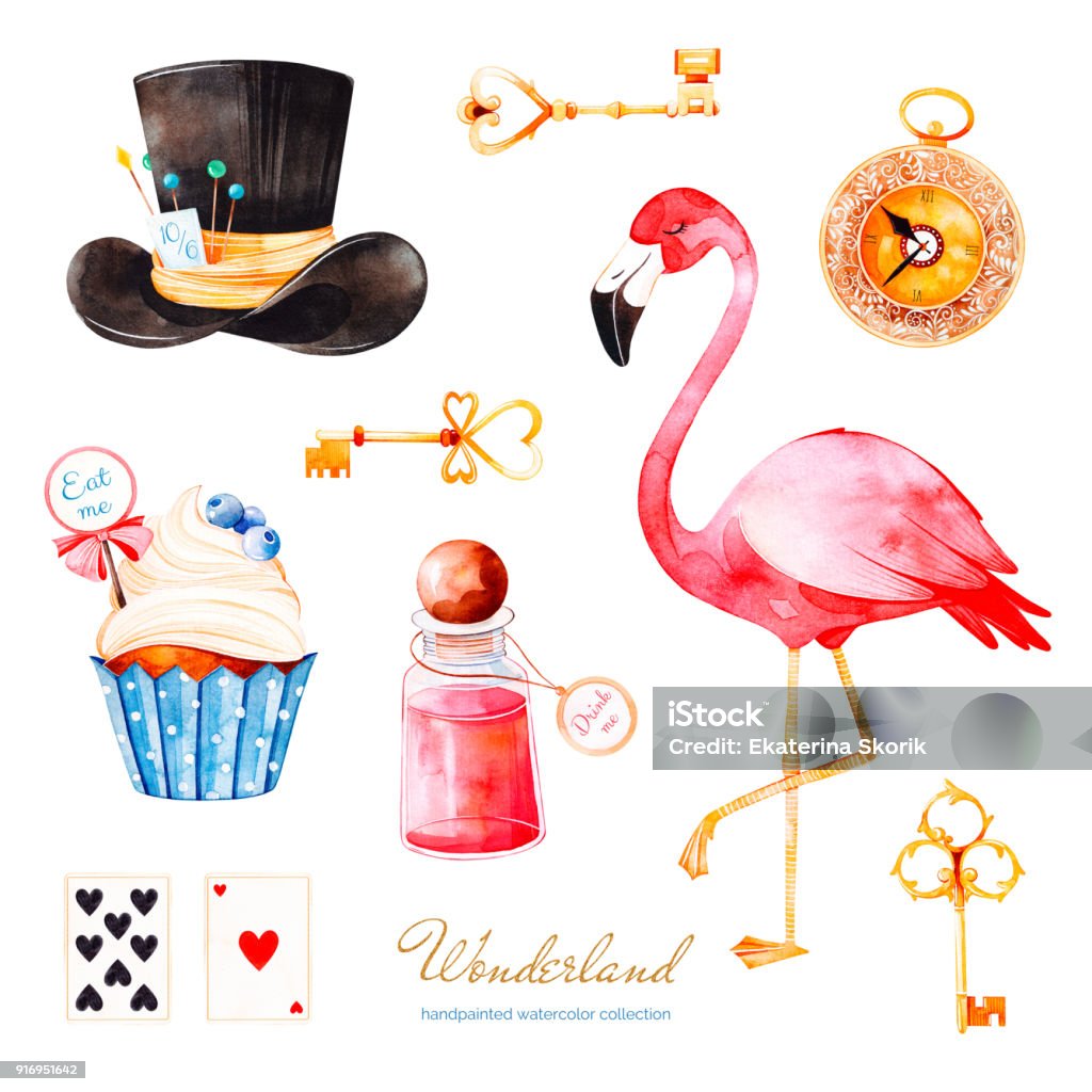 Magical watercolor set with cupcake and bottle with label with text, playing cards,flamingo and hat Wonderland collection.Magical watercolor set with cupcake and bottle with label with text,golden keys,playing cards,clock,flamingo and hat.Perfect for wallpaper,print,,invitation,birthday,wedding,logo Alice in Wonderland - Fictional Character stock illustration