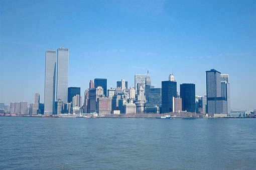 New York City, NY, USA, 1974. Skyline from the southern tip of New York City (Manhattan).