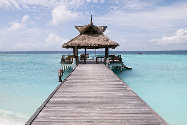 몰티브 바다 경치를 - hut maldives beach hut jetty 뉴스 사진 이미지