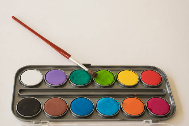 istock box with water colors and brush, against white background. space for text 916959368