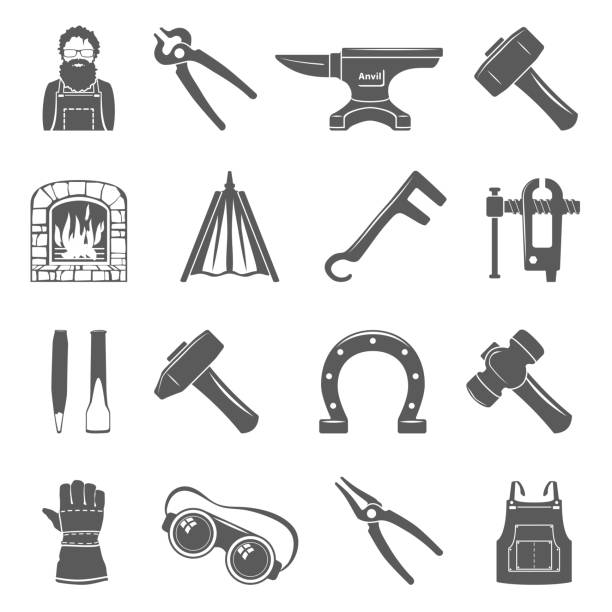 Black Icons - Blacksmith Tools Blacksmith tools and equipment icon set bellows stock illustrations