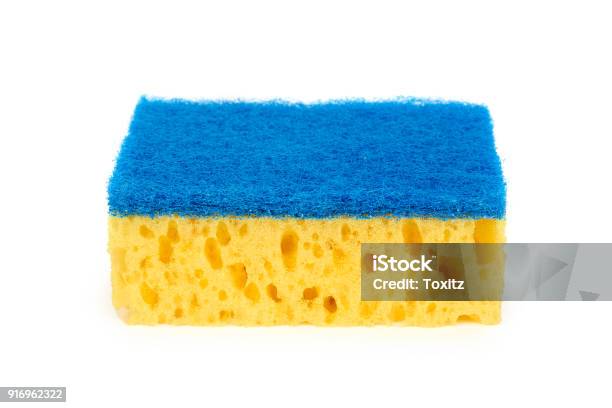 Cleaning Sanitary Yellow Sponge Isolated On White Background Stock Photo - Download Image Now