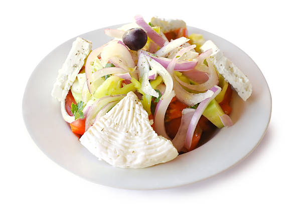 Greek salad on white with soft  shadow stock photo